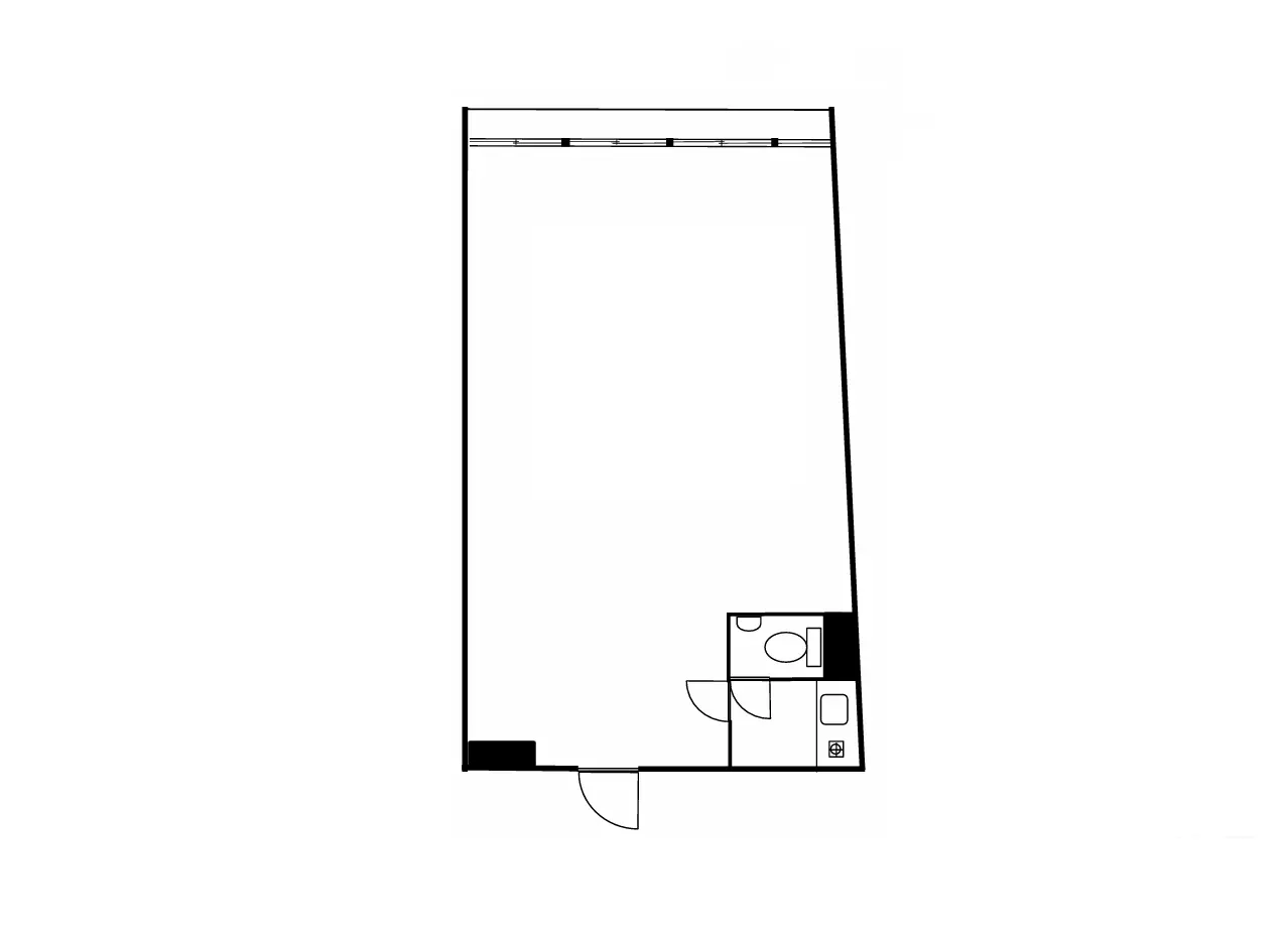 - シンプルな間取り図、一人用のコンパクトな居住空間のレイアウト、トイレとキッチンが配置された設計図