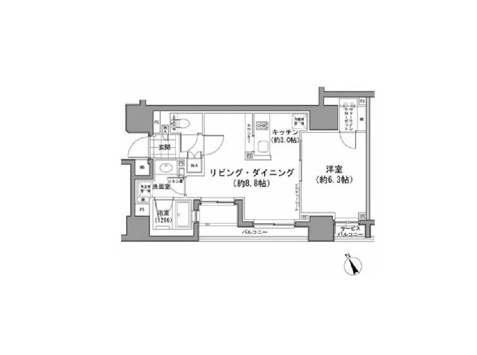- リビング・ダイニング、キッチン、洋室、浴室を含む間取り図、部屋の広さや配置が記載された住宅プラン