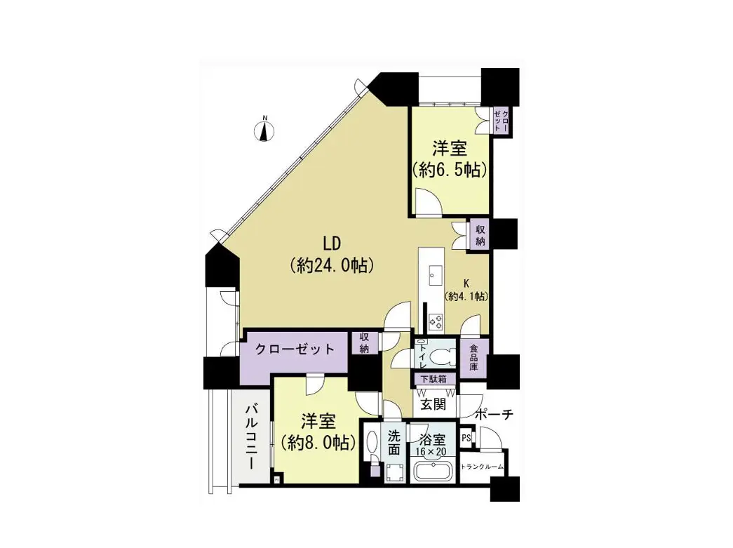 - 2LDKの間取り図、広々としたリビングダイニング（約24.0帖）、洋室（約6.5帖・約8.0帖）、キッチン、浴室、トイレを含む住居設計。