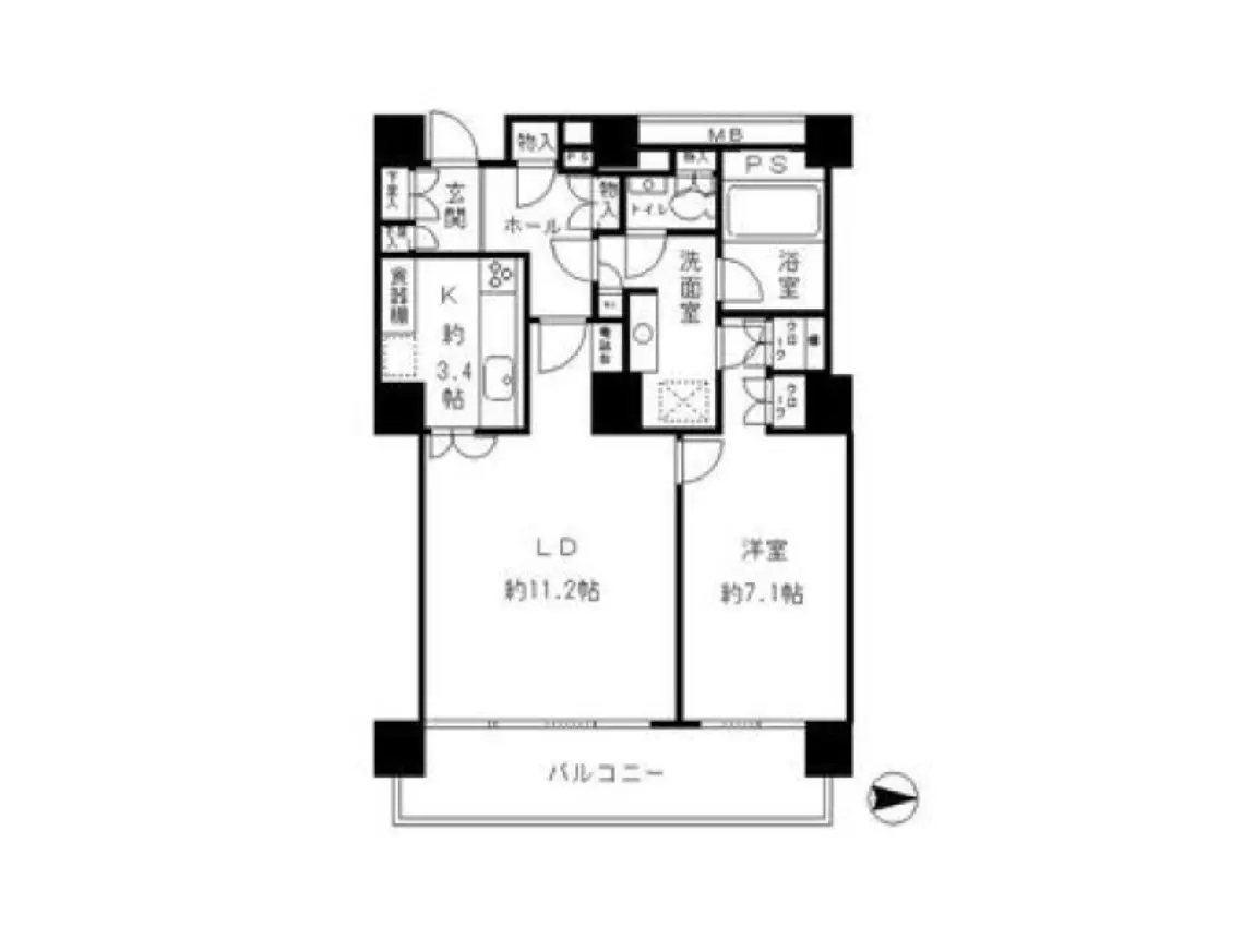 - 1LDKの間取り図、リビングダイニング約11.2帖、洋室約7.1帖、キッチン約3.4帖、バルコニー付きの配置図