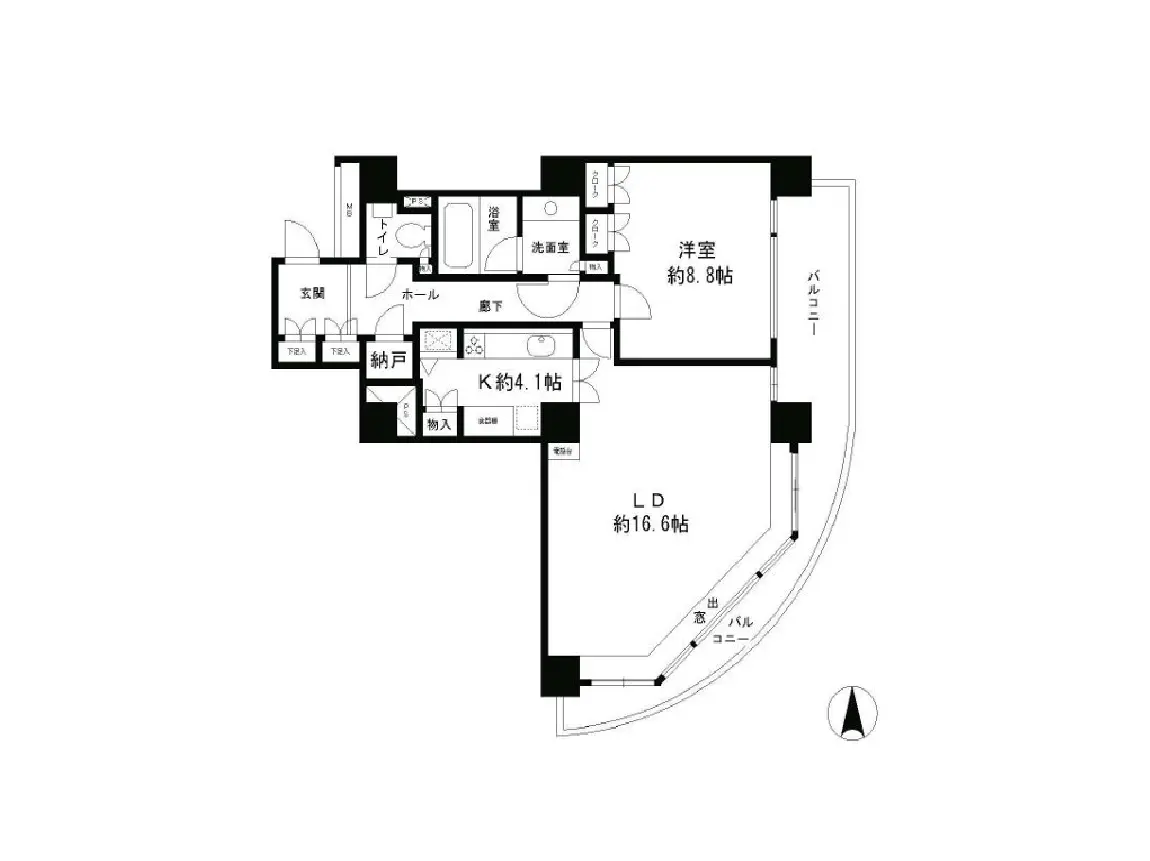 - 2LDKの間取り図、洋室約8.8帖、LD約16.6帖、キッチン約4.1帖、バルコニー付きの設計