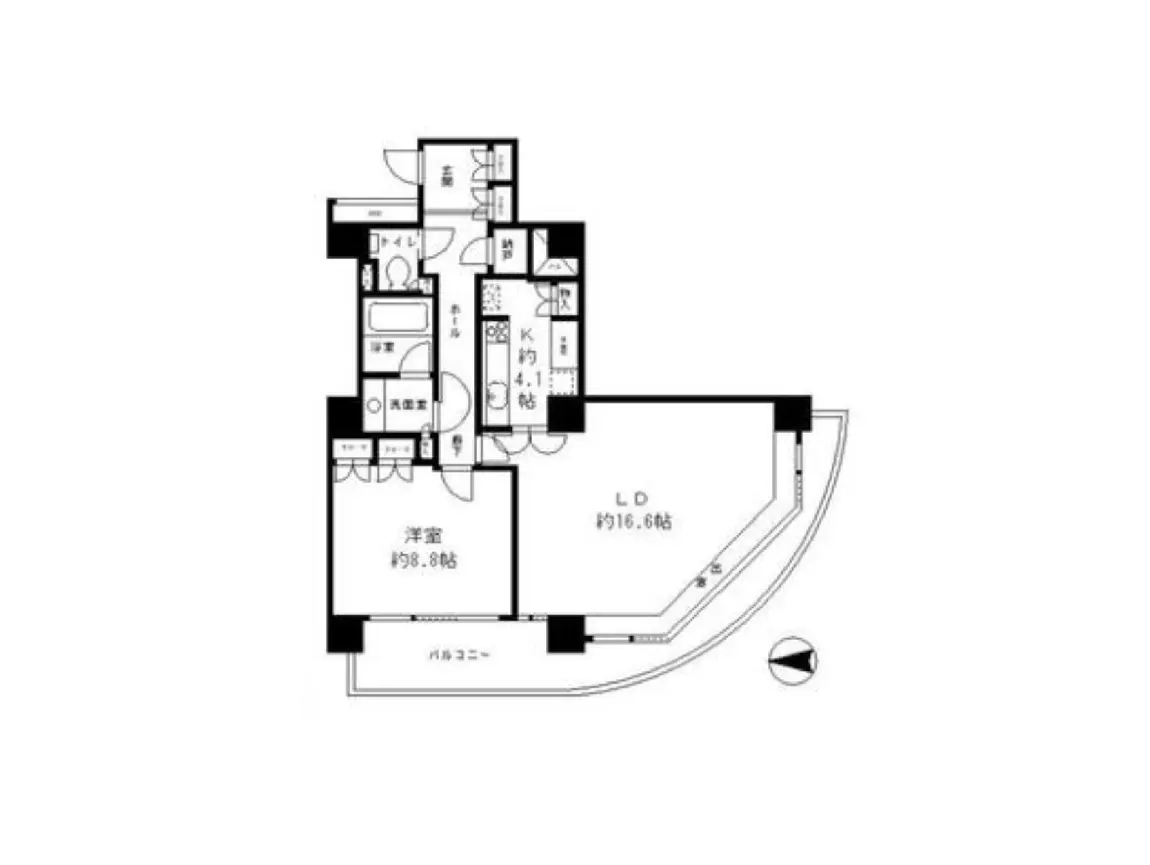 - 2LDKの間取り図、リビングダイニングは約16.6畳、洋室は約9.8畳、キッチンは約4.1畳の配置