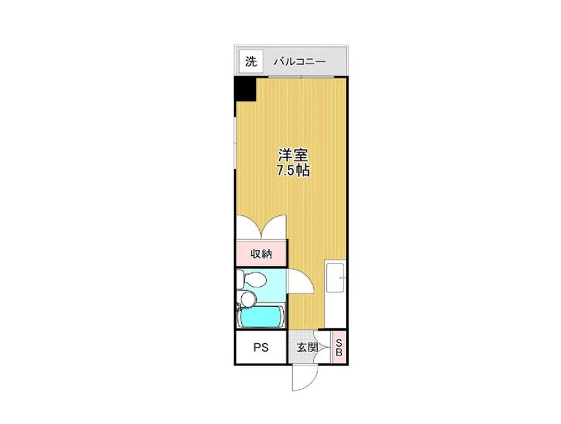 - 7.5畳の洋室を含む間取り図、収納スペースやバルコニー、洗面所、玄関の配置が示されたレイアウト