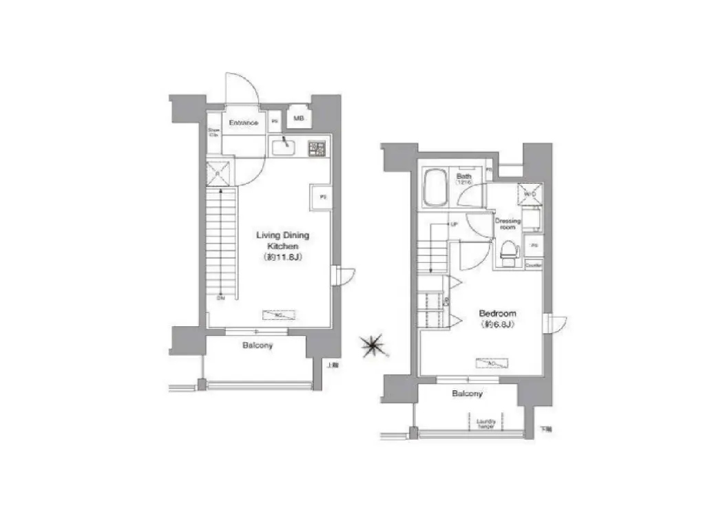 - 2階建て住宅の間取り図、1階はリビングダイニングキッチンとバルコニー、2階は寝室とバスルームを配置した設計図