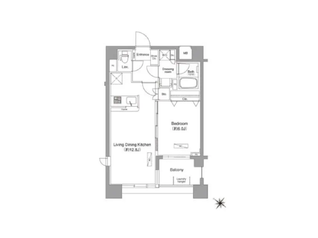 - コンパクトな間取り図、リビングダイニングキッチン、寝室、バルコニーを含む住宅のレイアウト配置