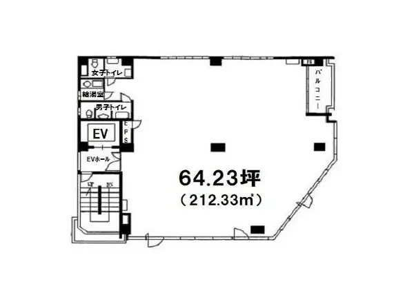 - 64.23坪（212.33㎡）の間取り図、エレベーターホールやバルコニーを含むレイアウト