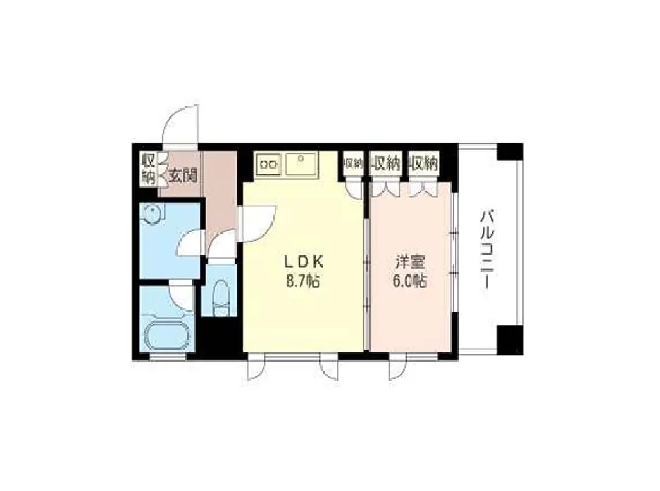 - 2LDKの間取り図、LDK（8.7帖）、洋室（6.0帖）、バルコニーと収納スペースを含むレイアウト