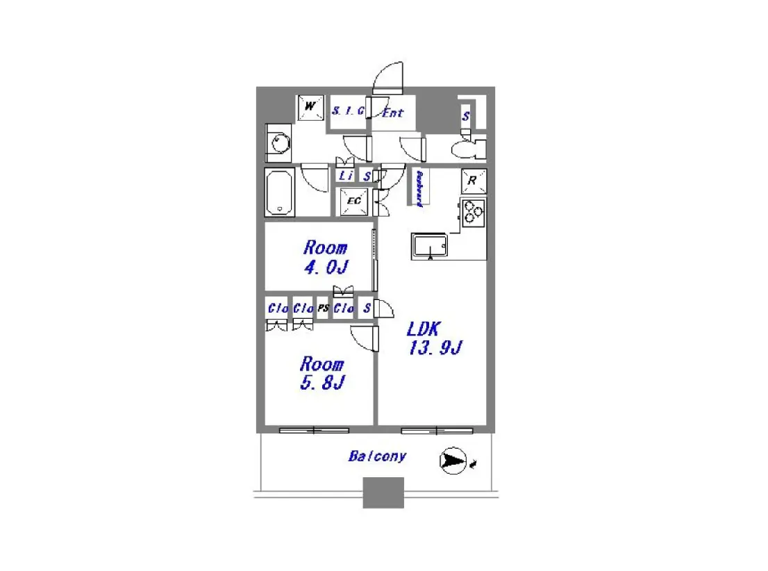 - 3つの部屋と広々としたLDKを含む間取り図、バルコニーも併設された居住空間のレイアウト