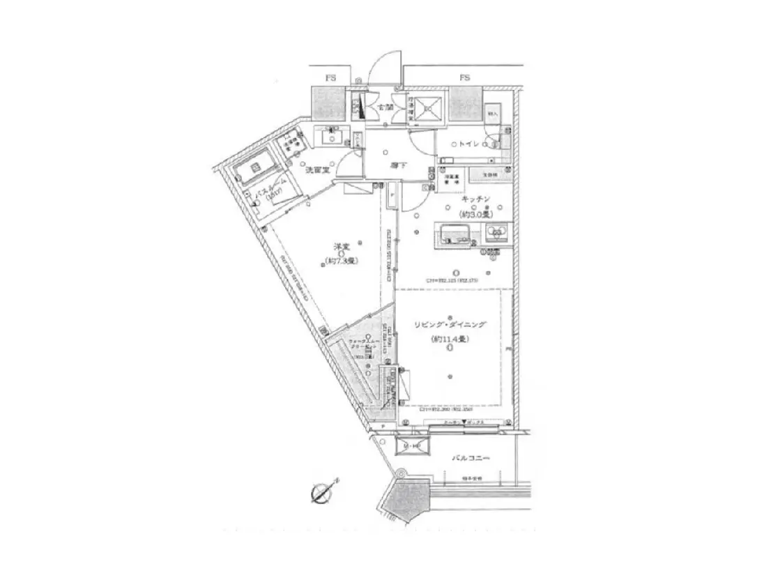 - 住居の間取り図、リビング・ダイニング、キッチン、洋室、浴室、トイレを含むシンプルなレイアウト