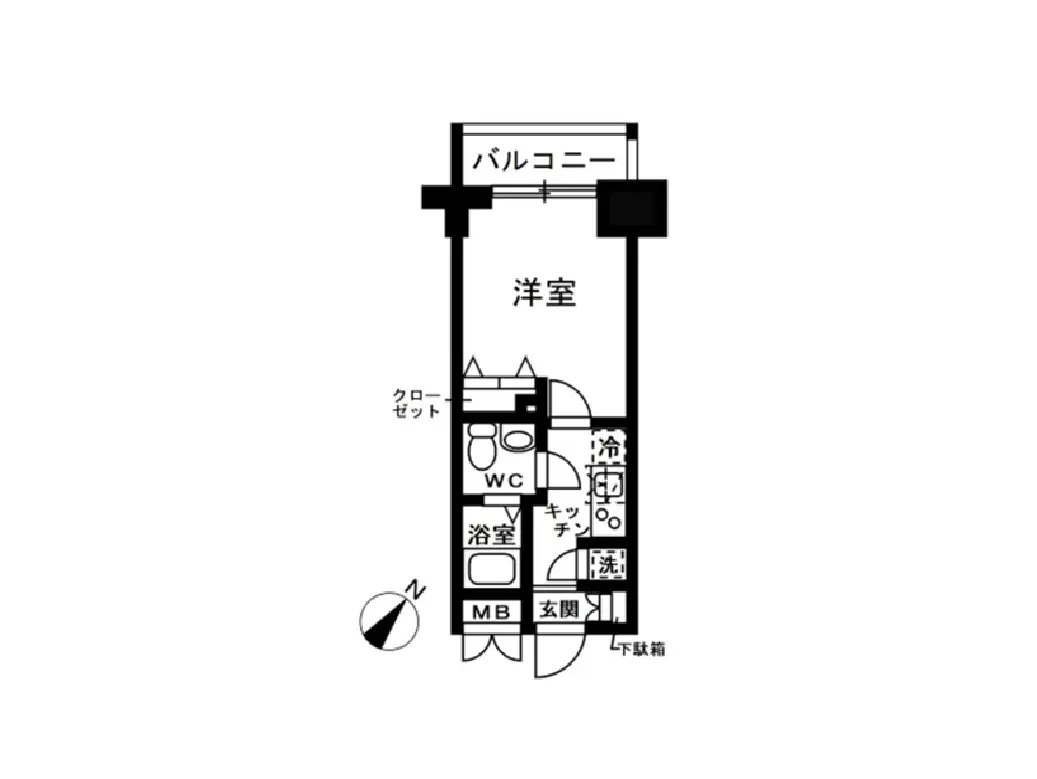 - １Kの間取り図、洋室、バルコニー、浴室、トイレ、キッチンとクローゼットを含むレイアウト