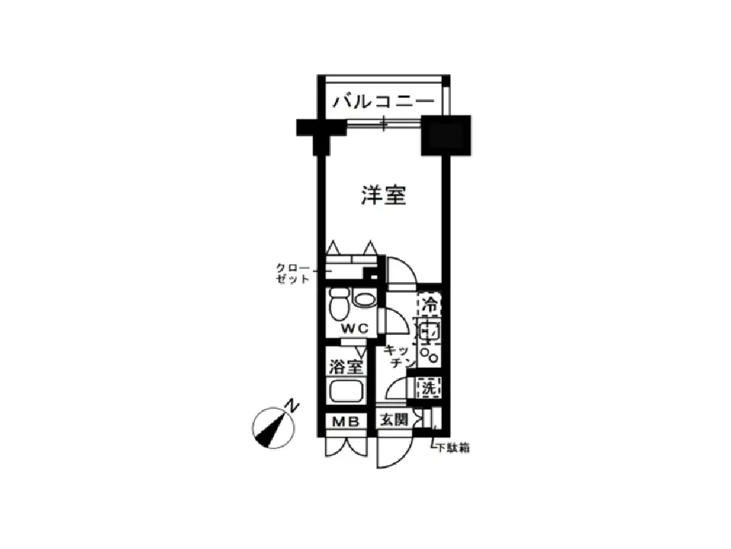 - 洋室とバルコニー、クローゼット、浴室、キッチンを含む間取り図、洗面所とトイレの配置が示された平面図