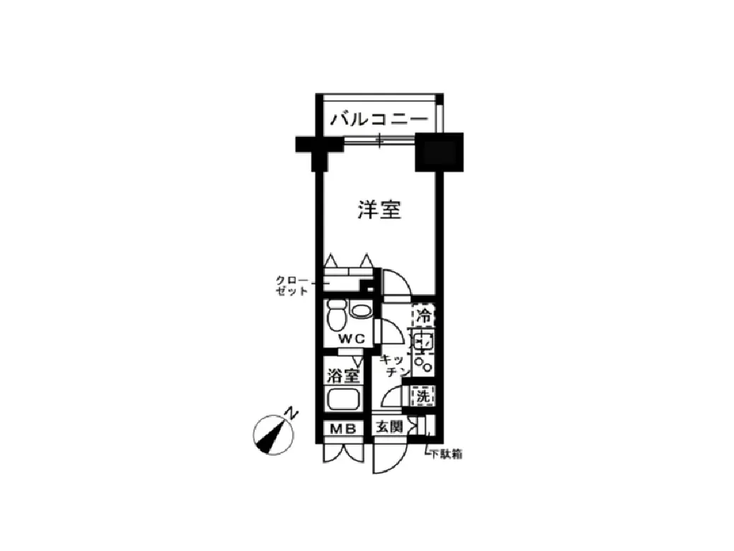 - 1LDKの間取り図、洋室、バルコニー、キッチン、浴室、トイレ、クローゼットを含む設計