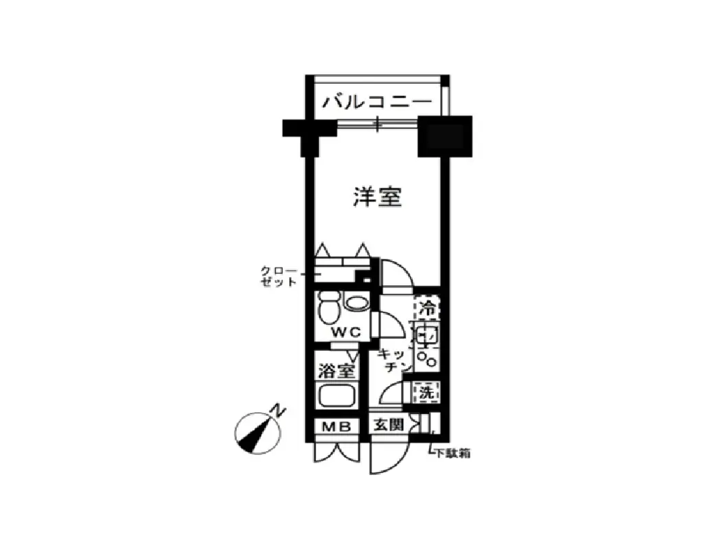 - 1LDKの間取り図、寝室、浴室、キッチン、バルコニーとクローゼットの配置が示された平面図
