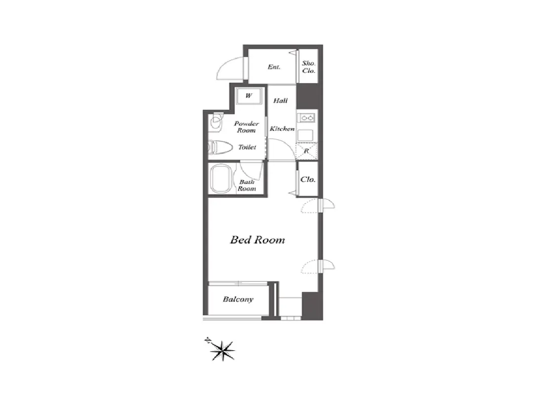 - 部屋のレイアウト図、寝室、バスルーム、トイレ、キッチン、バルコニーを含む間取りの図面