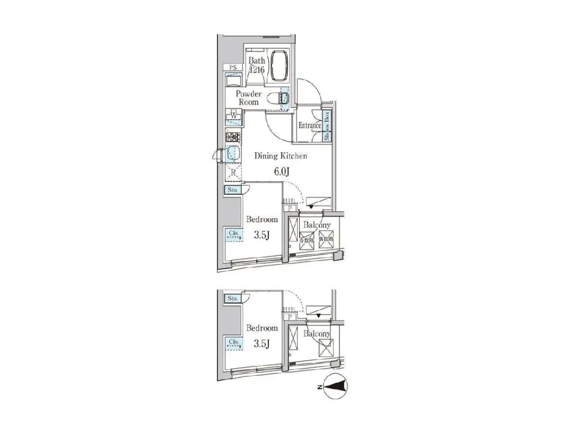 - 2LDKの間取り図、ダイニングキッチン6.0畳、各部屋にバルコニーと収納スペースがある設計