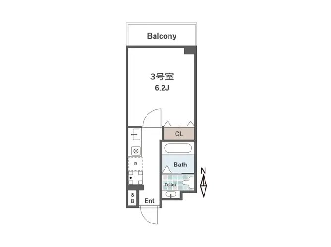 - 3号室の間取り図、バルコニー、クローゼット、浴室とトイレが配置された6.2畳の居住空間