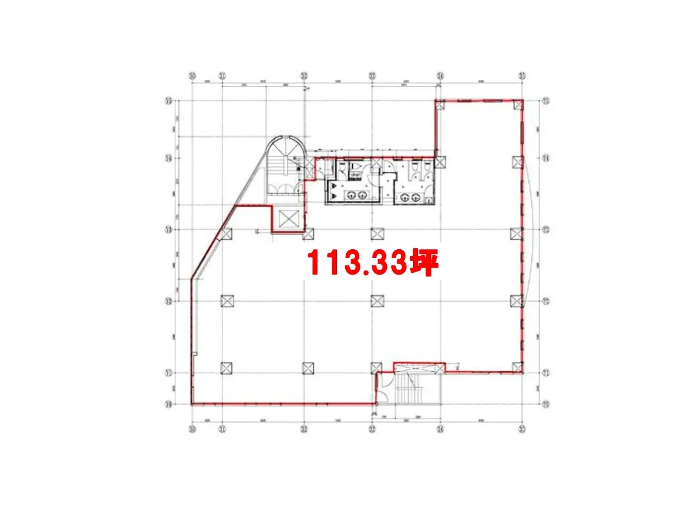 - 113.33坪の間取り図、各部屋の配置が明示された詳細な設計図