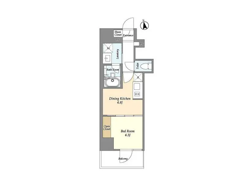 - 1LDKマンションの間取り図、ダイニングキッチン、ベッドルーム、浴室、洗濯機置き場、バルコニーを含むレイアウト