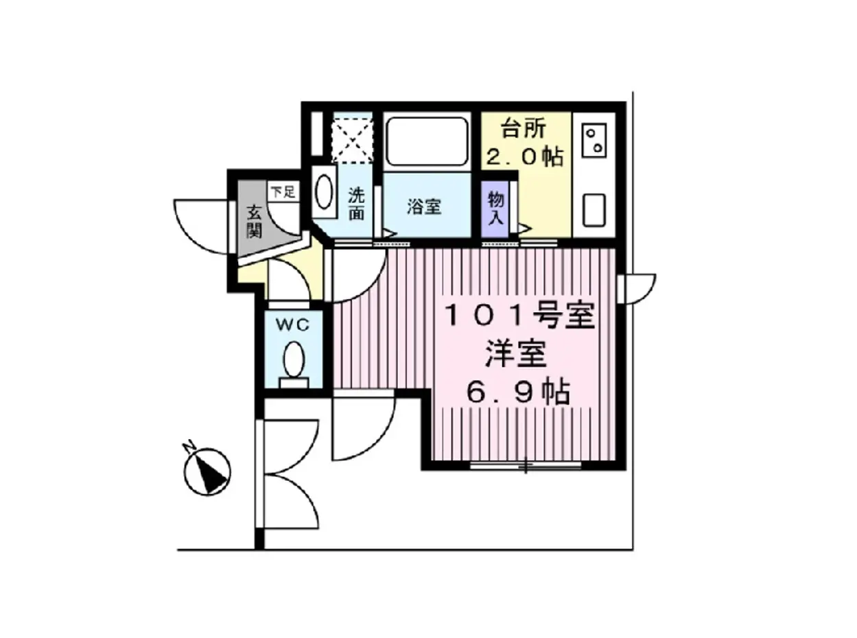 - 101号室の間取り図、6.9畳の洋室、2.0畳の台所、洗面所と浴室を含む設計図