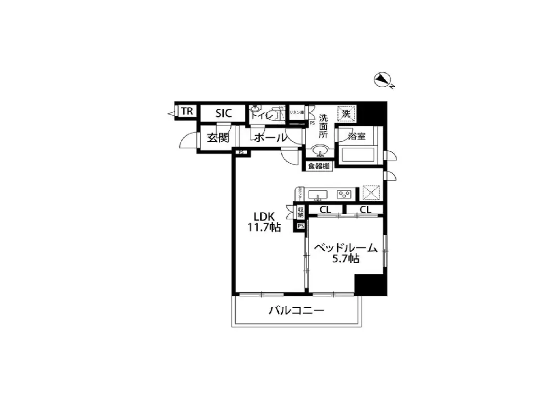 - LDK11.7帖とベッドルーム5.7帖の間取り図、バルコニーを含む住宅設計の詳細情報