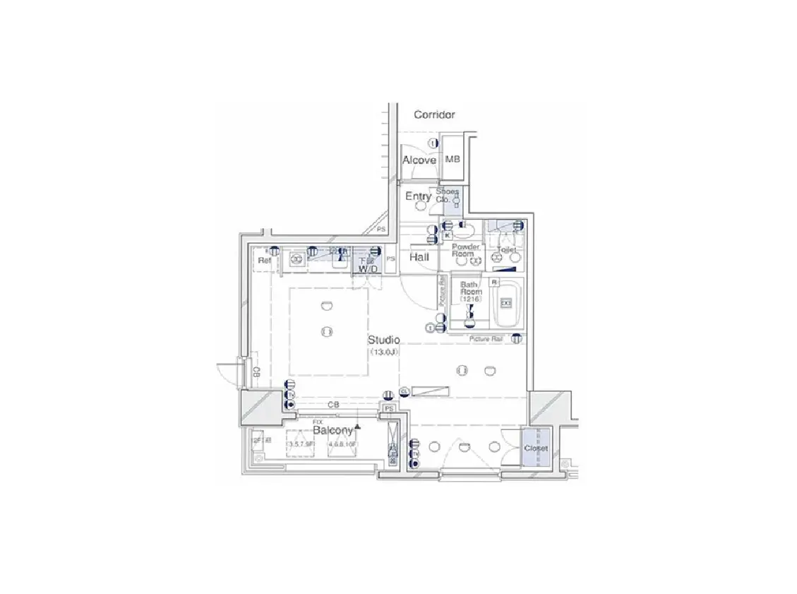 - 間取り図、スタジオ、バルコニー、洗面所、トイレを含むモダンな住居プラン