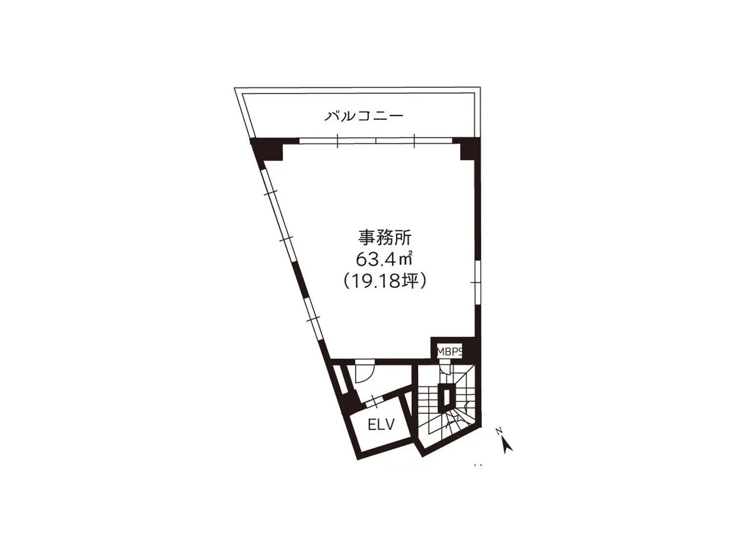 - 63.4㎡（19.18坪）の事務所の間取り図、入口やバルコニー、エレベーターの位置が示された設計図