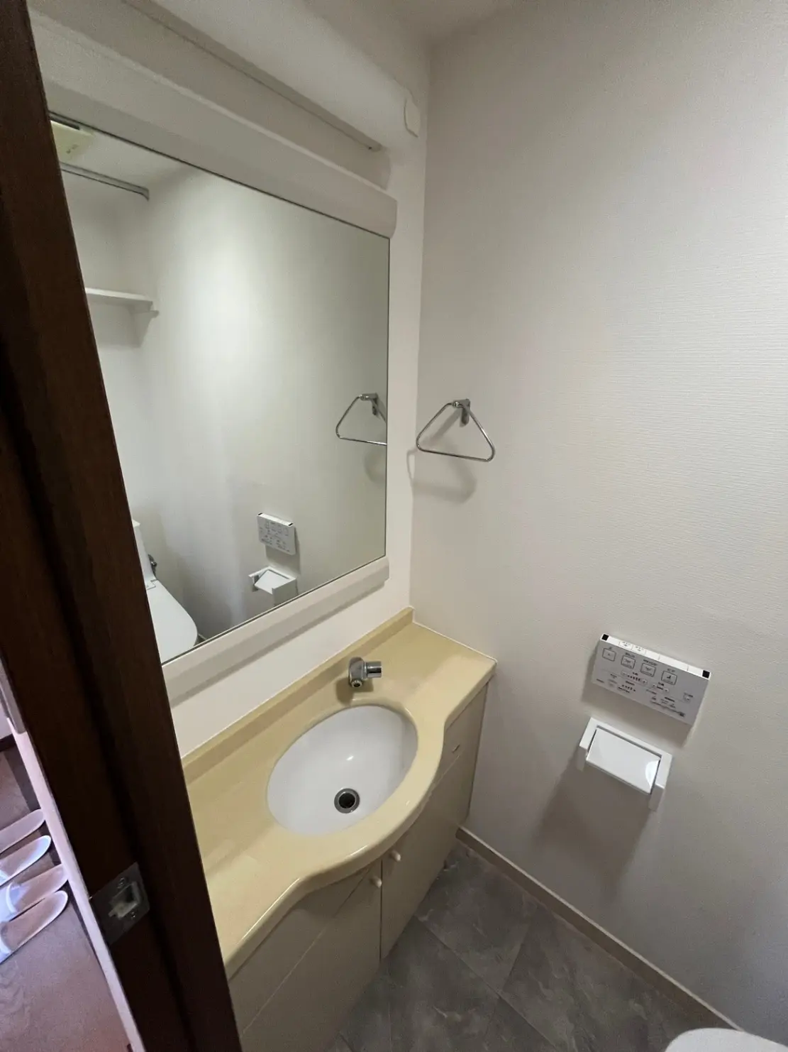 - 清潔感のある洗面所、シンプルなデザインの洗面台と大きな鏡、壁にタオル掛け、トイレットペーパー置きが設置されたインテリア