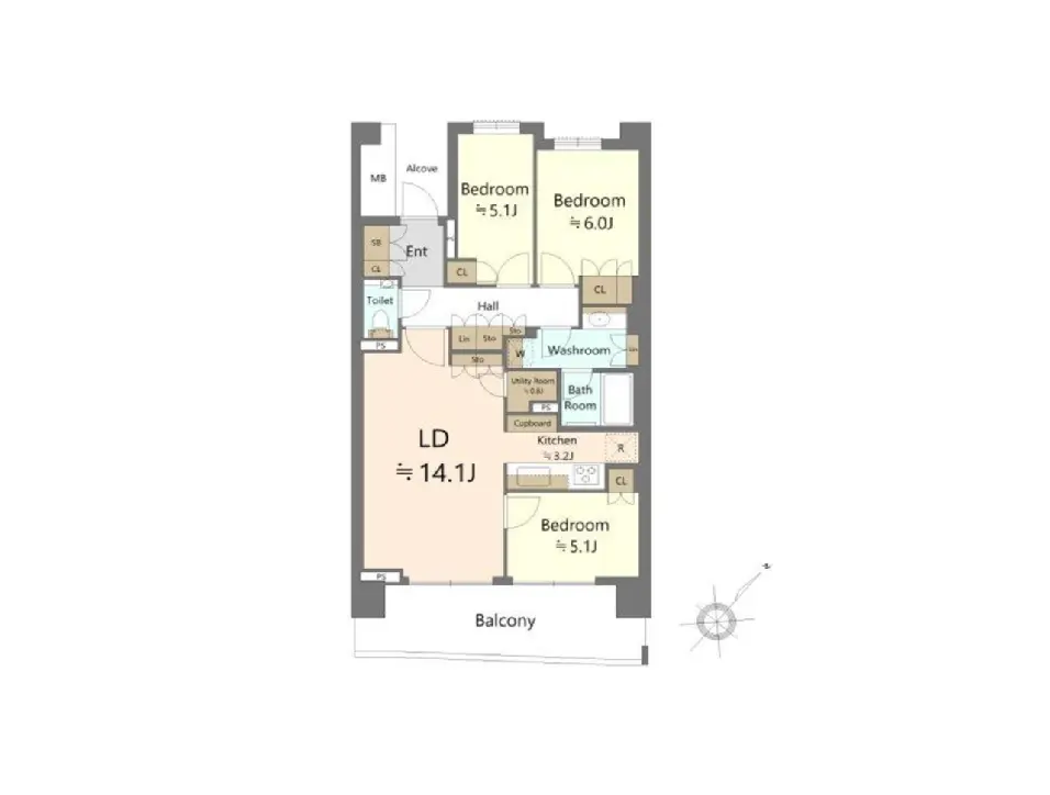 - 3LDKの間取り図、広々としたリビングダイニングと3つの寝室、バルコニーとユーティリティルームを配置した設計のプラン