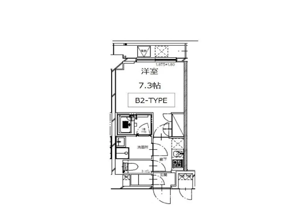 - B2タイプの間取り図、7.3帖の洋室を含むシンプルなレイアウトの住宅プラン