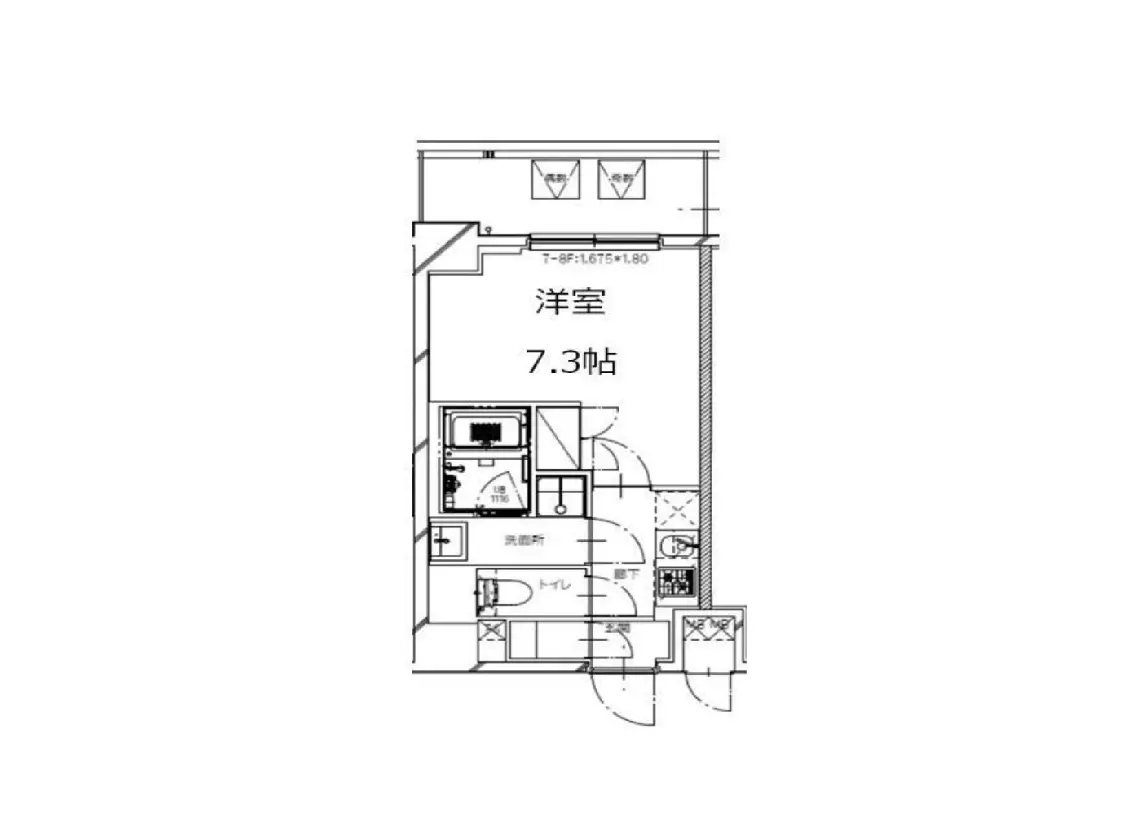 - 7.3帖の洋室を含む間取り図、洗面所とトイレの配置が示された住居レイアウト