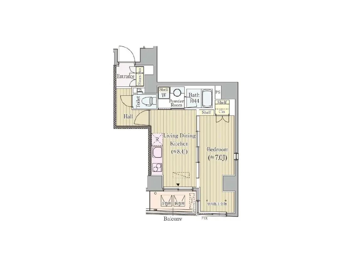 - 2LDKの間取り図、リビングダイニングキッチン、各部屋のサイズや配置が示された詳細なプラン