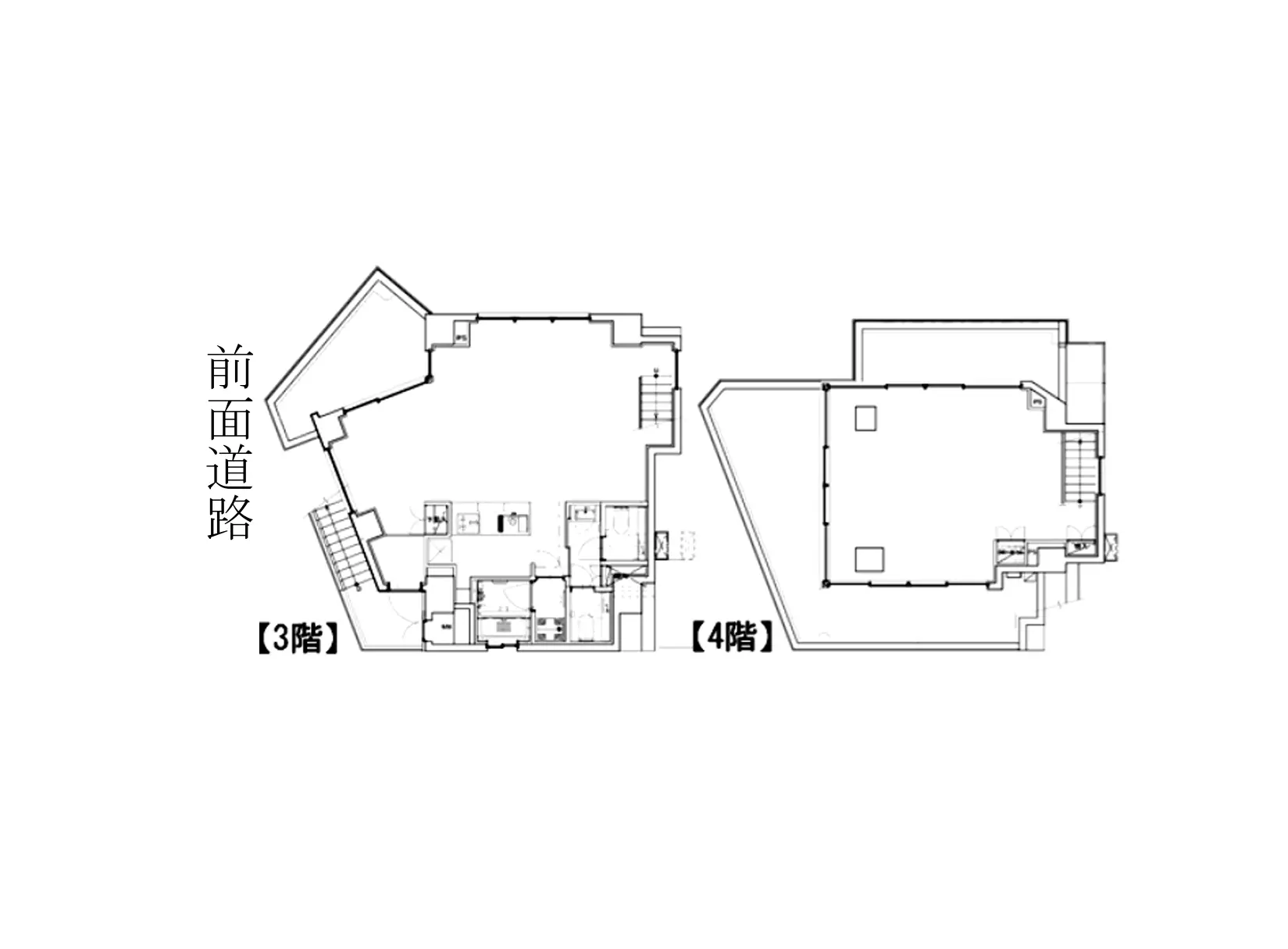 - 3階と4階の間取り図、前面道路の表示を含む詳細な設計図面