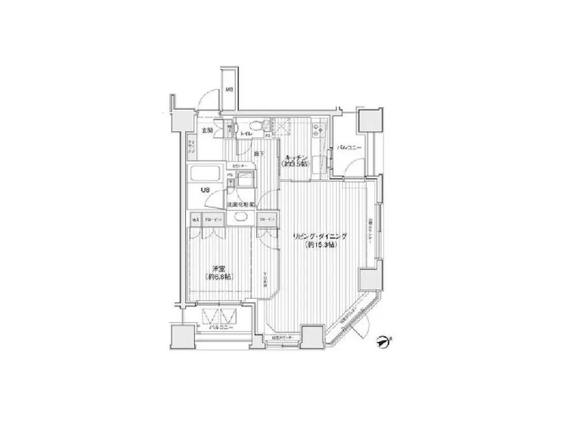 - リビング・ダイニングとキッチンを持つ間取り図、バルコニー付き、洗面所とトイレの配置も含む住宅設計の一例