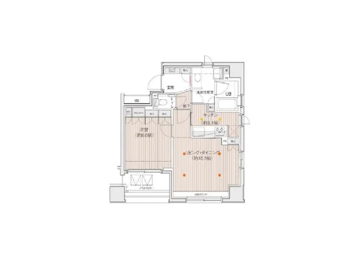 - 2LDKの間取り図、リビングダイニング、キッチン、風呂トイレ、各部屋のサイズが表示されている詳細なレイアウト