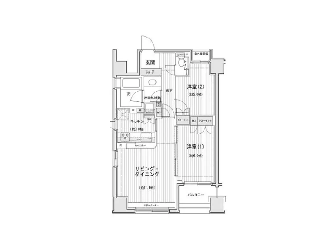 - 2つの洋室、リビングダイニング、キッチン、バルコニーを含む間取り図、各部屋のサイズと配置が明示された設計図