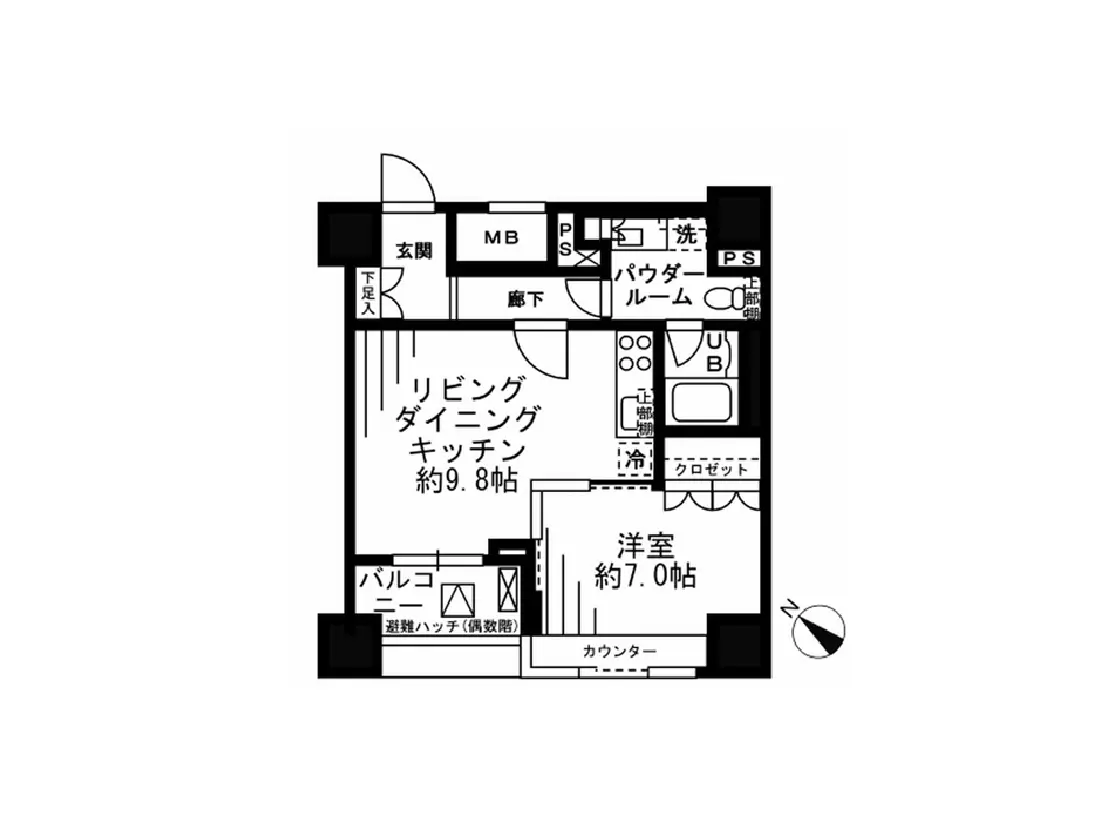 - モダンな間取りの図面、リビングダイニングキッチン約9.8帖、洋室約7.0帖、バルコニー付きの住空間配置