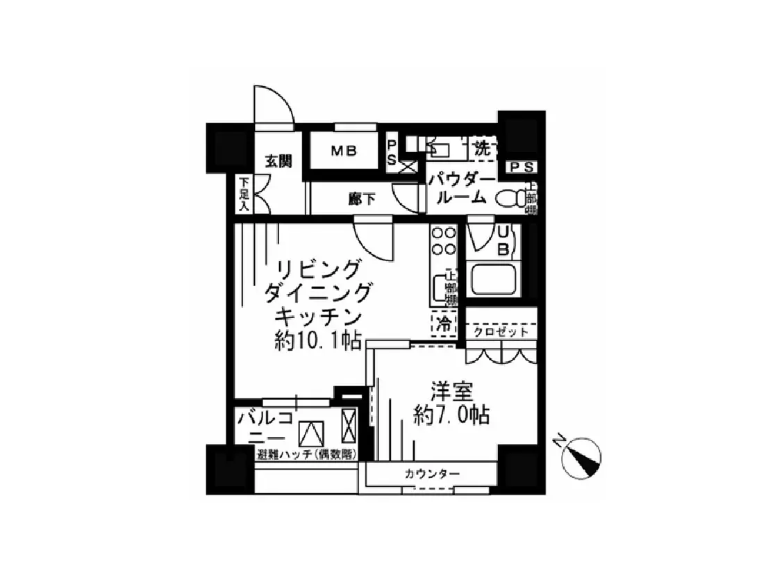 - リビングダイニングキッチン約10.1帖、洋室約7.0帖を含む間取り図、バルコニーや収納スペースの配置を示す設計図