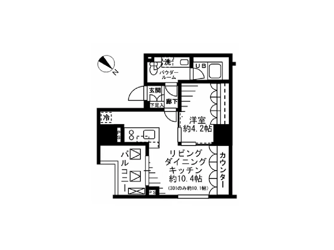 - 1LDKの間取り図、リビングダイニングキッチン約10.4帖、洋室約4.2帖、バルコニーの設計を示す図面