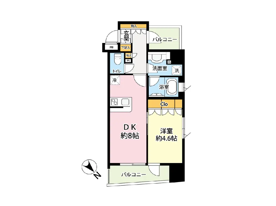 - 1LDKの間取り図、約8帖のダイニングキッチンと約4.6帖の洋室、バルコニー付き、トイレと洗面室も配置されたレイアウト