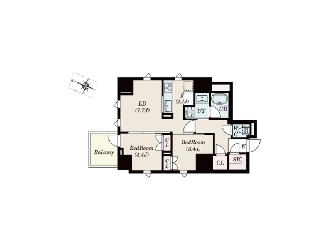 - 4LDKの間取り図、各部屋のサイズと配置が示された詳細なレイアウト、バルコニー付きの設計