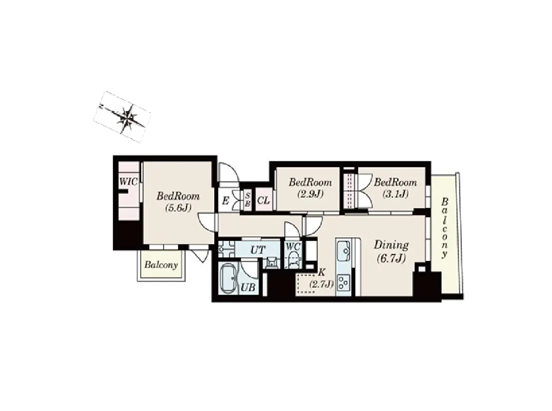 - 4つの寝室とダイニング、洗面所、バスルームを備えた間取り図、各部屋のサイズ表記あり、バルコニー付き設計