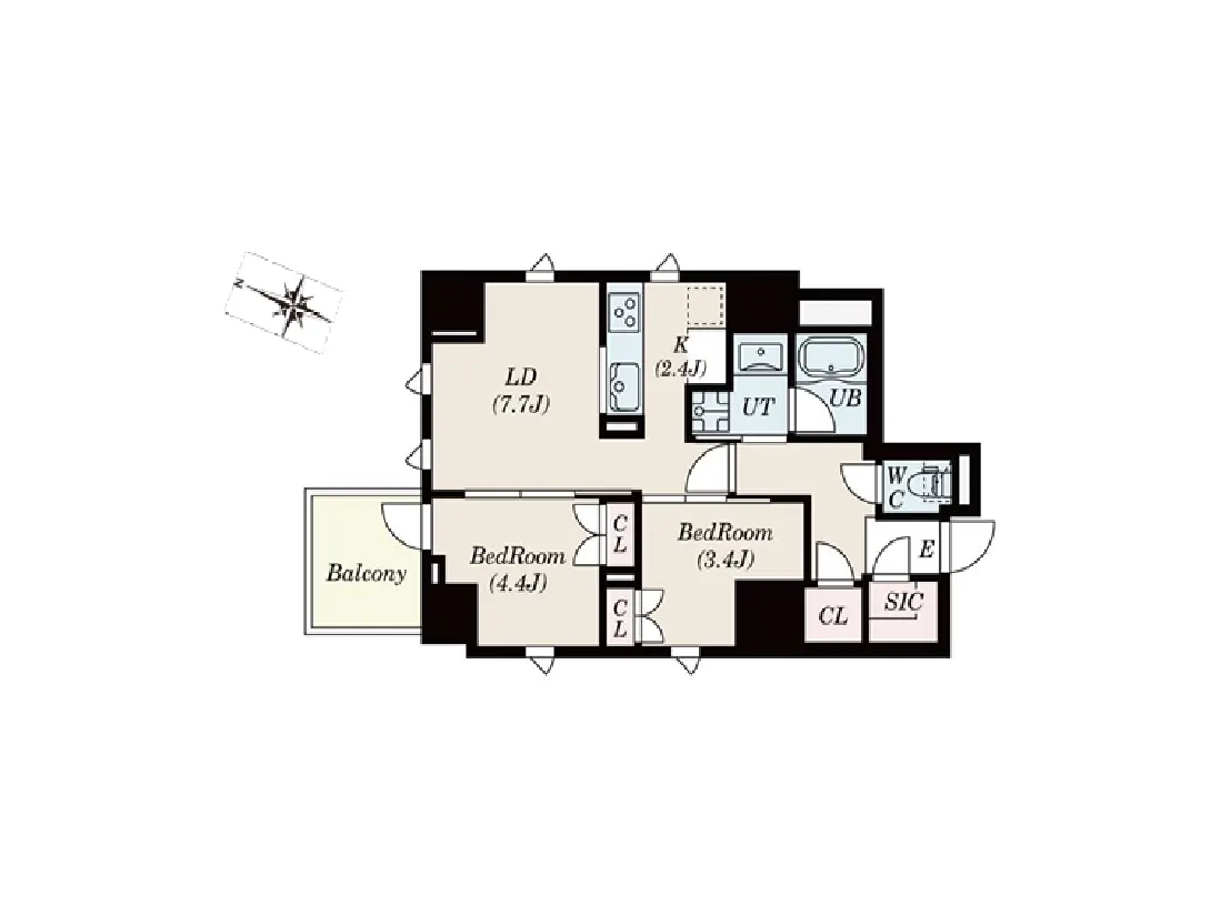 - 間取り図、リビングダイニング（LD）、キッチン（K）、3つのベッドルーム（BedRoom）、バスルーム（UB）、トイレ（W.C.）、バルコニーを含む効率的なレイアウト