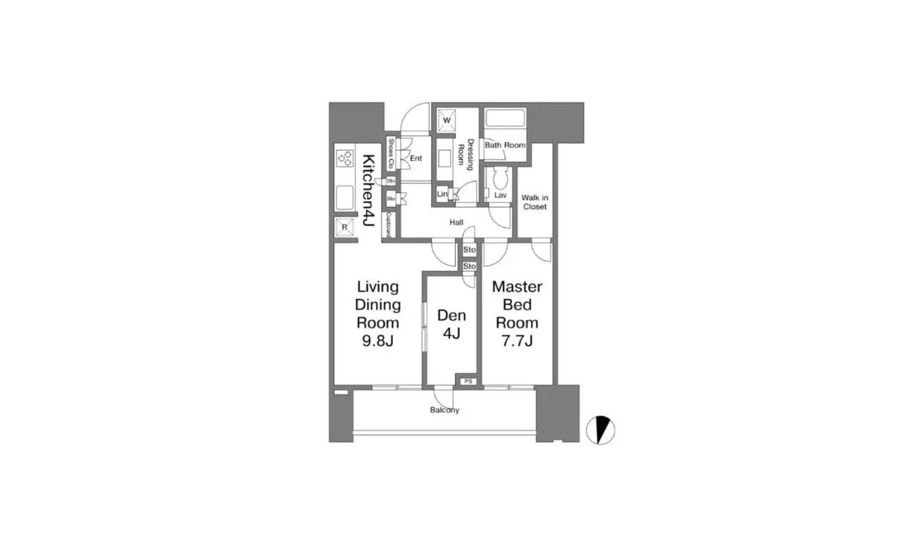 - 住宅の間取り図、キッチン、リビングダイニングルーム、マスターベッドルーム、デン、バルコニーの配置を示す図面