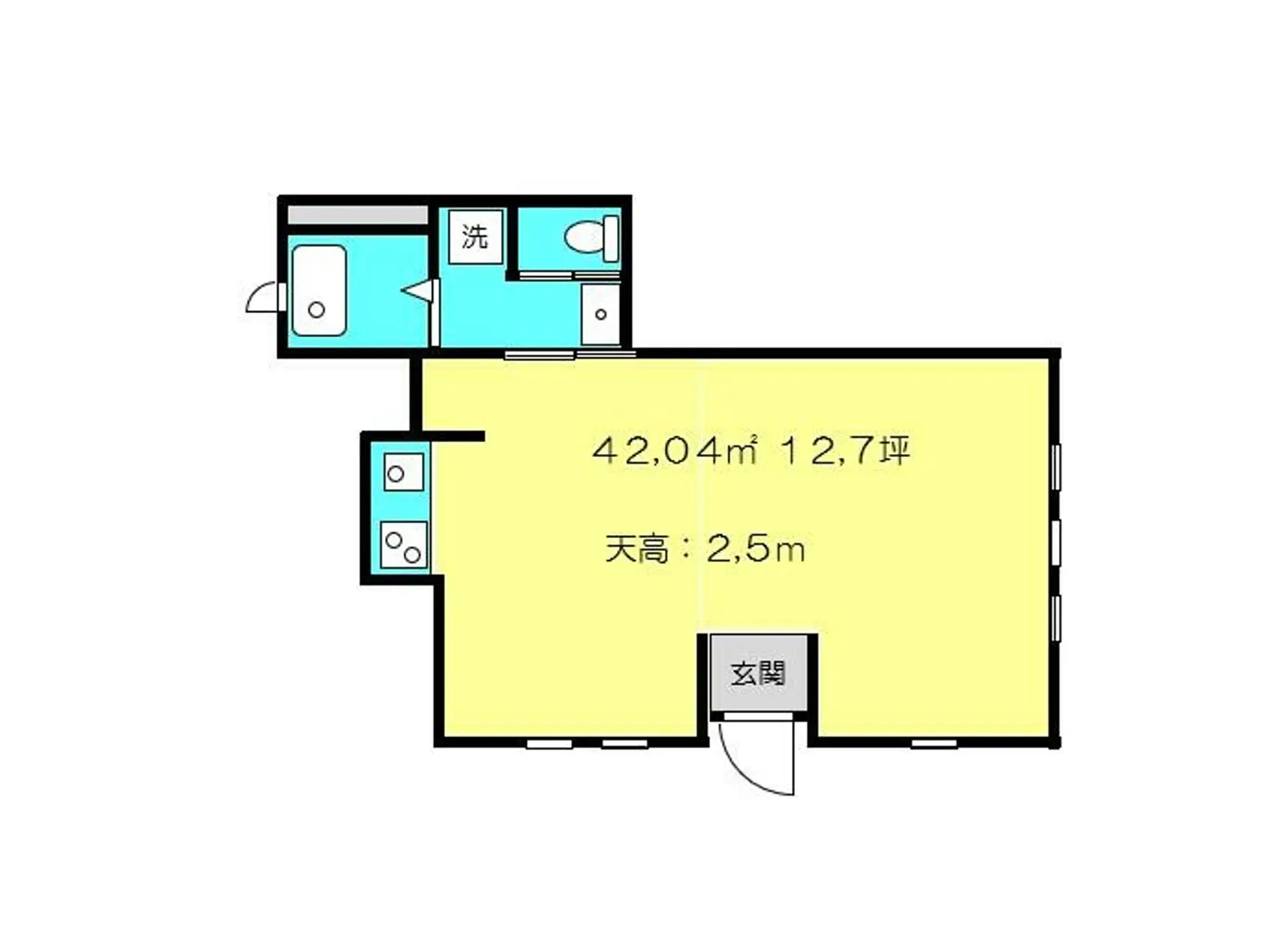 - 洗面所、トイレ、玄関を含む42.04㎡（12.7坪）の間取り図、高さ2.5mの広々とした室内設計