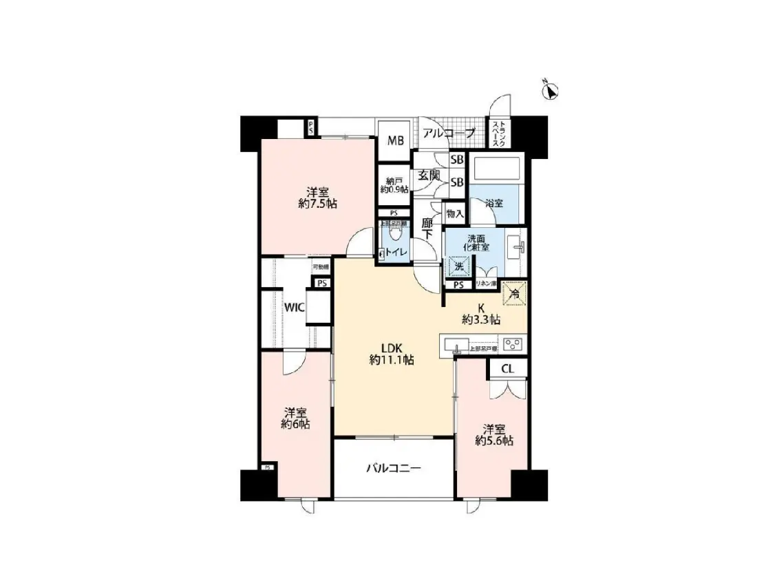 - 各部屋の配置と面積を示した住宅の間取り図、リビングダイニングキッチン、洋室、浴室、トイレなどを含む設計