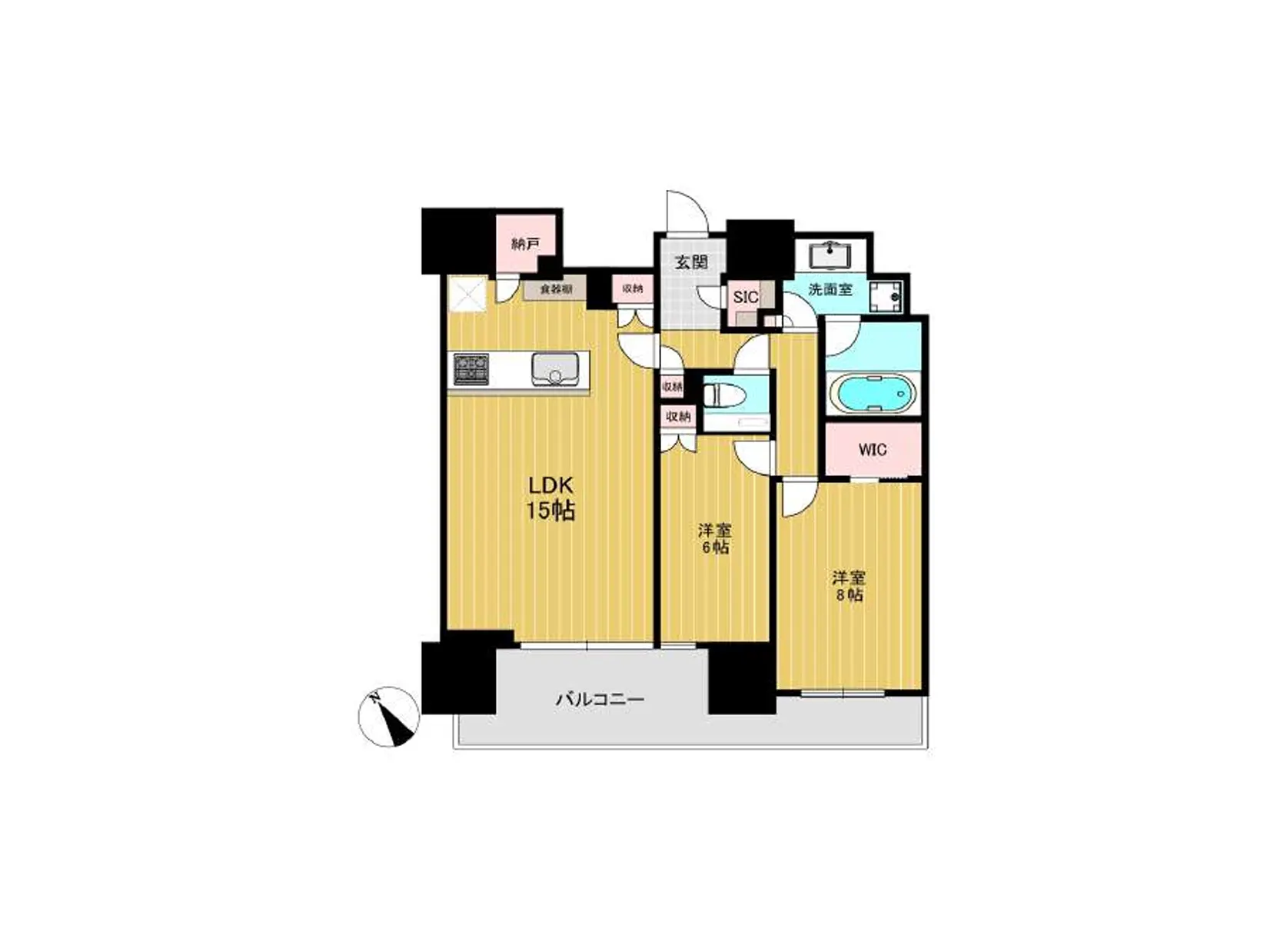 - 3LDKの間取り図、15帖のLDK、6帖と8帖の洋室、バルコニー付きの住居配置