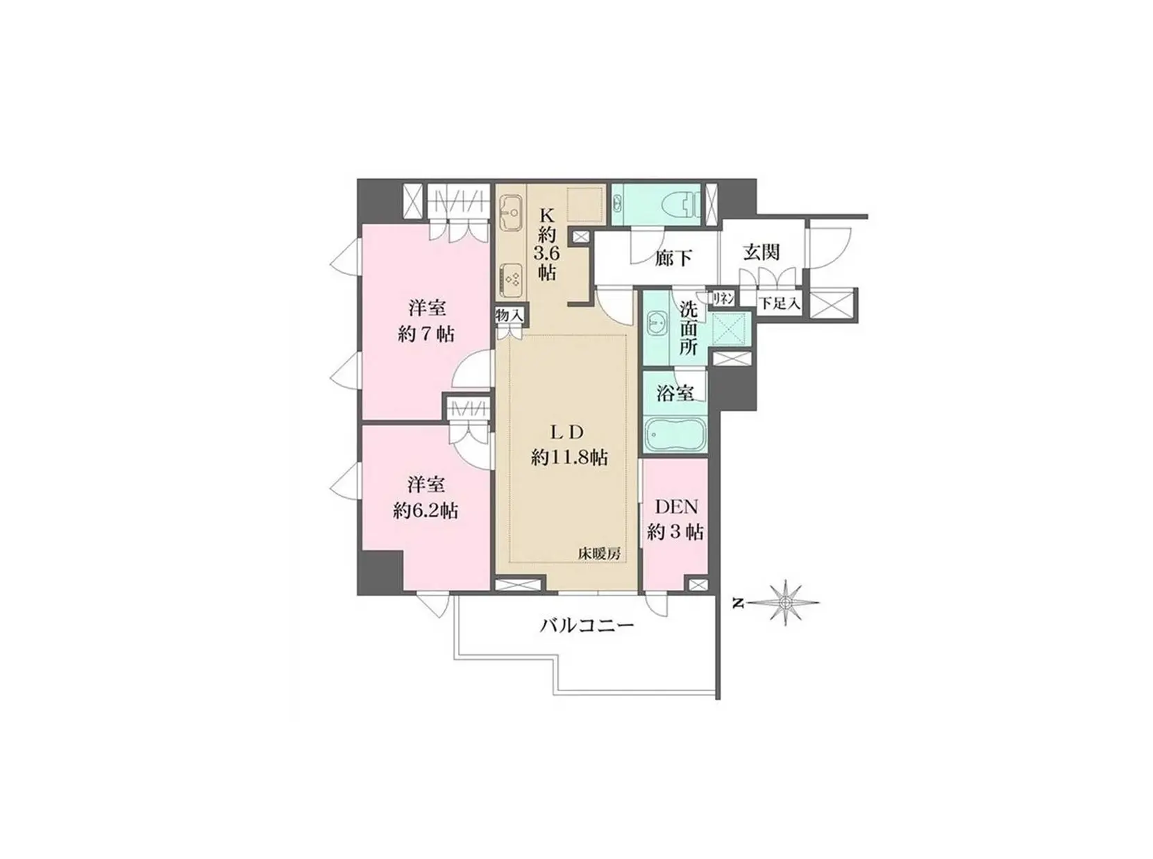 - 間取り図、リビングダイニング約11.8帖、洋室約7帖と約6.2帖、キッチン約3.6帖、DEN約3帖、洗面所、浴室、玄関の配置を示す図面