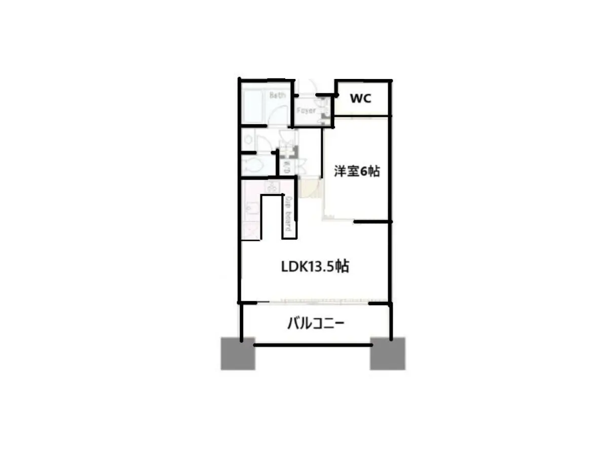 - 13.5帖のLDK、6帖の洋室、バルコニー、WC、浴室の間取り図
