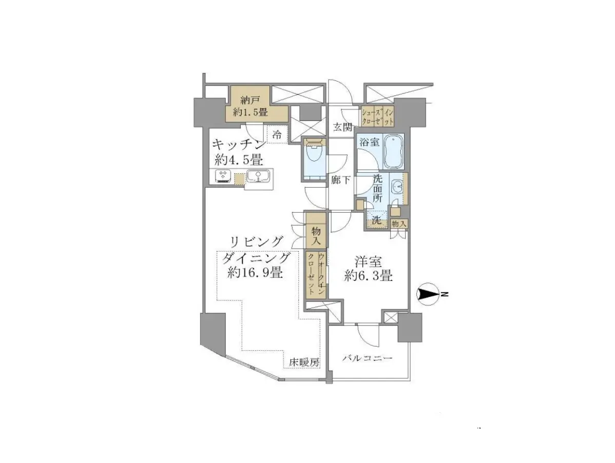 - モダンな間取り図、リビングダイニング約16.9畳、洋室約6.3畳、キッチン約4.5畳、浴室と洗面所を備えたアパートメントのレイアウト