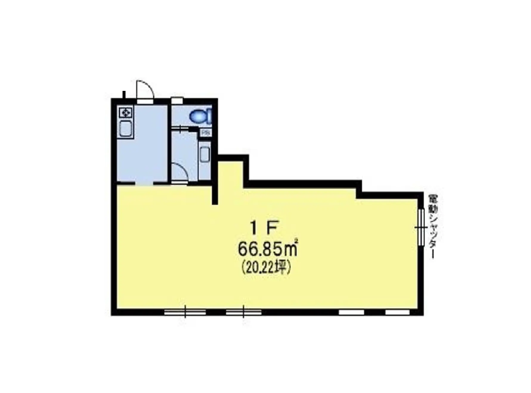 - 1階の間取り図、面積66.85㎡（20.22坪）、水回りと電動シャッターの位置を示すシンプルなレイアウト